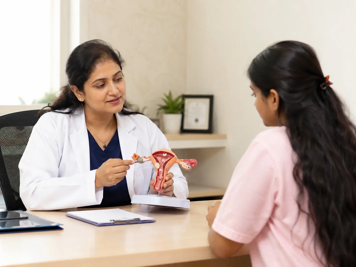 Doctor explaining the uterus and endometriosis using an anatomical model