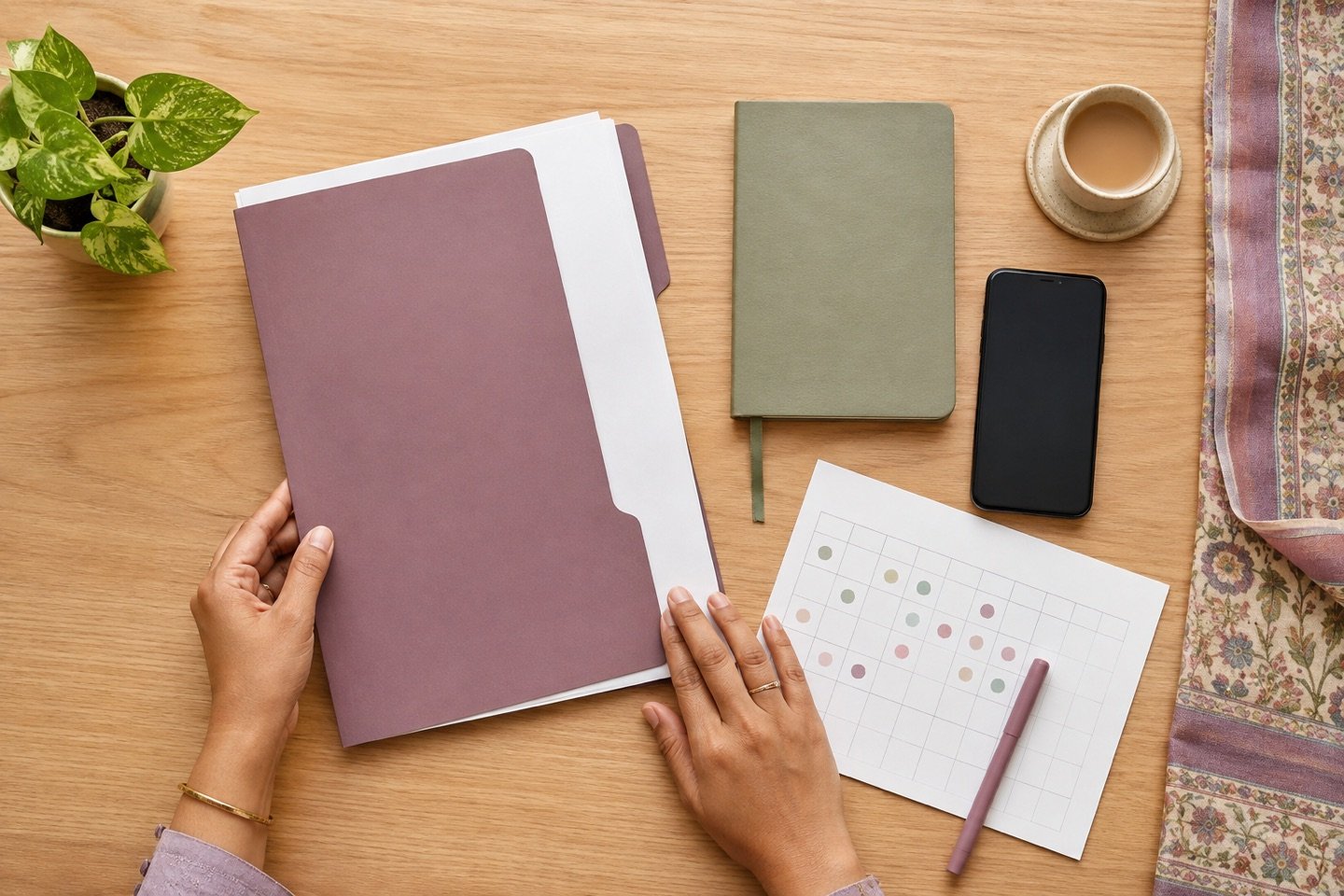 Indian woman preparing reports and a symptom tracker for her first endometriosis appointment